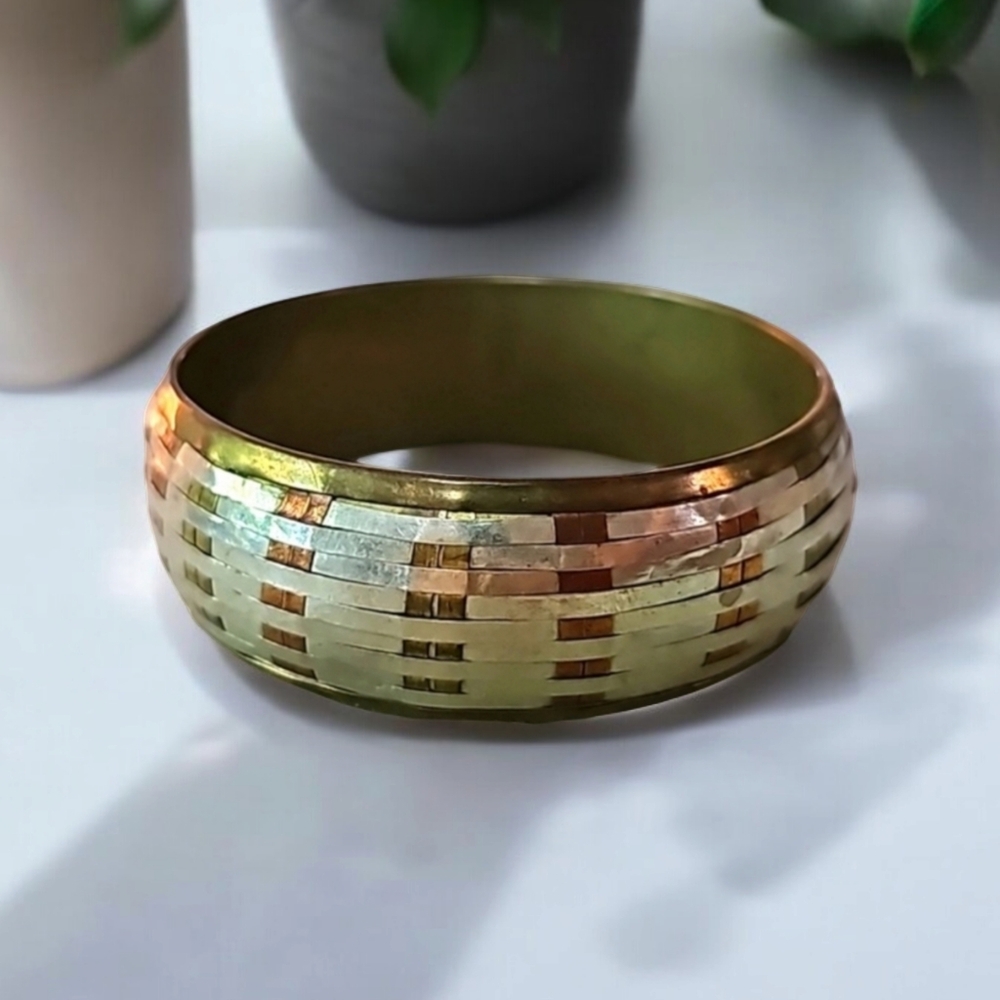 Tri-color metal Basketweave hand woven vintage artisan cuff bracelet LOT 596